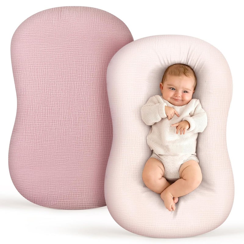 Termichy Baby Lounger Covers Muslin: Soft and Breathable Slipcover for Snuggle Me Lounger - Machine Washable & Zipper-Free for Safe Daily Use - Pink & Blush for Girls - Image 1